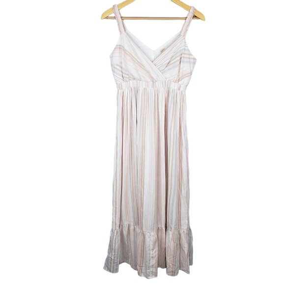 LOFT Dresses & Skirts - Loft Beach Cotton Linen Blend Striped Midi Dress Neutral Elasticized Waist XXS